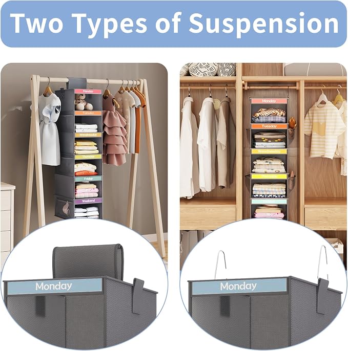 Weekly Kids Clothes Organizer 6-Shelf Hanging Closet Storage Dark Grey