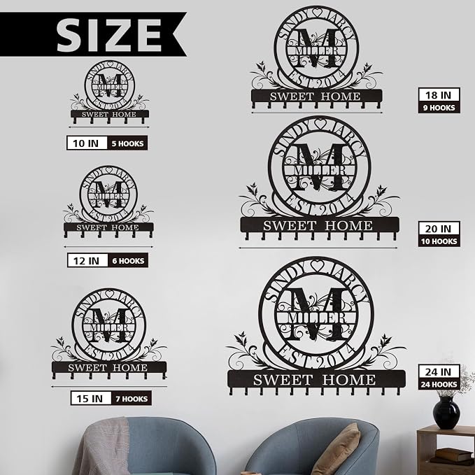 Dyoart Personalized Key Holder for Wall, Custom Family Name Metal Wall Key Hanger, Key Hooks with Monogram Design, Key Rack Holder Wall Mount for Living Room Bedroom, Anniversary Couple Gift