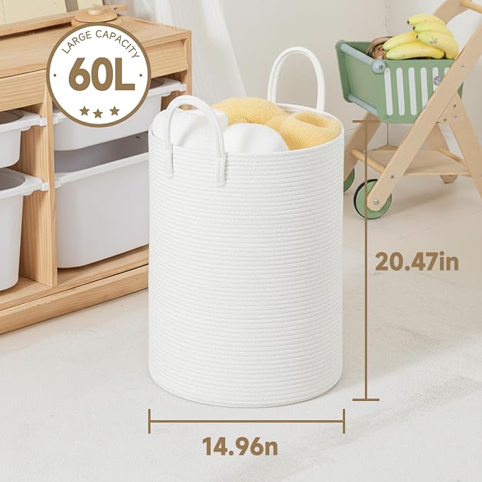 CLHMILY&Z Laundry Hamper Round Storage Rope Basket (White, 60L)