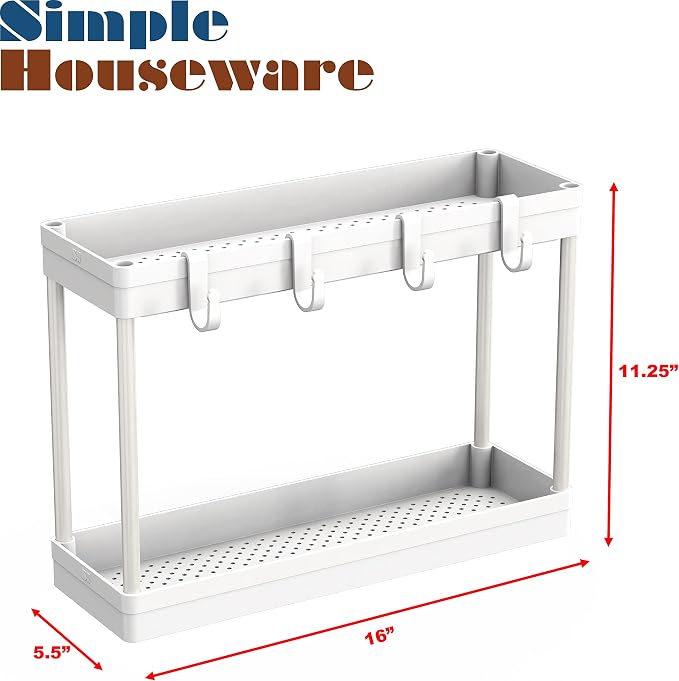 Simple Houseware 2-Tier Under Sink Organizer Storage Tray with Hooks, White