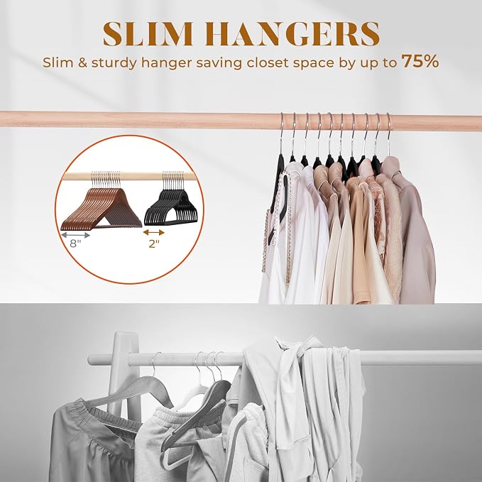 HOUSE DAY Premium Velvet Hangers 60 Pack, Non-Slip Hangers with Tie Bar | Elegance Black Standard Clothes Hanger Slim Felt Hanger with 360° Swivel Hook for Closet Organized Storage，72g/Pc