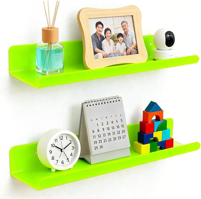 ROYALITA 2-Pack Acrylic Shelves Wall Mounted, 17 Inch Display Shelves | for Small Items Plants Organize Wall Shelves for Gaming Room, Bedroom, Living Room, Office, Green