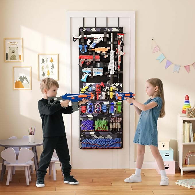 Over the Door Organizer for Toy Guns, Hanging Toy Guns Storage Organizer with Pockets and Slots for Kids Foam Blasters, Darts, Goggles, Toys Storage Door Hanger for Kids Rooms, Game Rooms, Camouflage