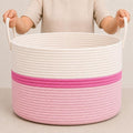 OrganiHaus Round Toy Basket & Blanket Basket, Cotton Rope 20x13" | Striped Pink - Round Cotton Rope Basket, 20x13"