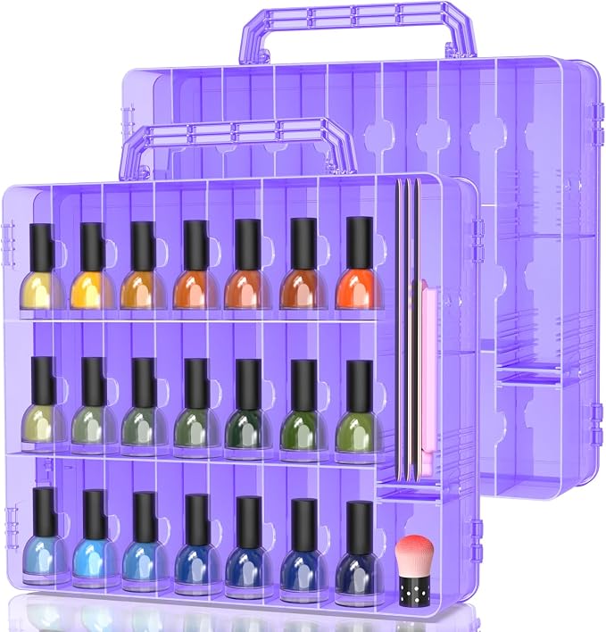 SUBAY 2 Pcs Portable Nail Polish Organizer, Clear Double Side Nail Polish Holder,Gel Nail Storage for 48 Bottles with 6 Adjustable Dividers in Each Side Space Saver Purple