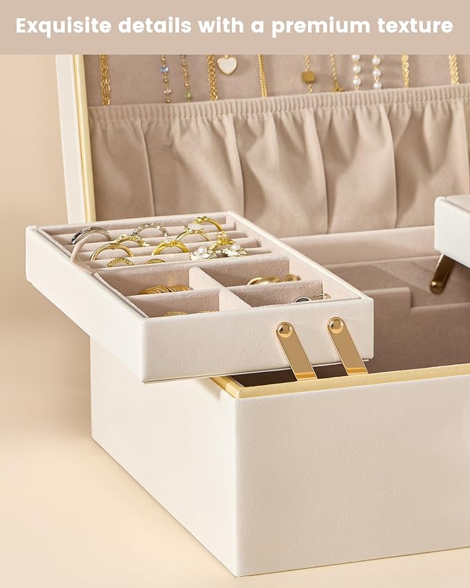 Lolalet Jewelry Box Organizer for Women Girls, 2 Layer Jewelry Organizers and Storage for Necklace Earrings Rings Bracelets, Large Jewellery Holder Case Birthday Gifts -Cream