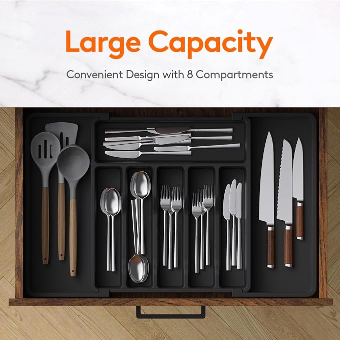 Lifewit Extra Large Silverware Drawer Organizer, Expandable Utensil Tray for Kitchen, BPA Free Flatware and Cutlery Holder, Adjustable Plastic Storage for Spoons Forks Knives, 13-22 x 15, Black