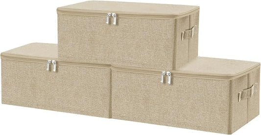 ANMINY 3PCS Storage Bins with Zipper Lids 13 Qt Lidded Fabric Storage Boxes Baskets Cubes with Handles Collapsible Washable Cotton Linen Closet Shelf Clothes Organizer Containers - Beige, Small