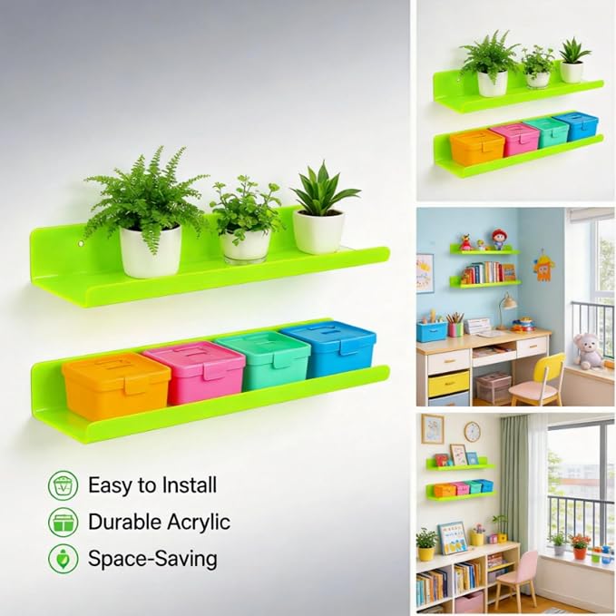 ROYALITA 2-Pack Acrylic Shelves Wall Mounted, 17 Inch Display Shelves | for Small Items Plants Organize Wall Shelves for Gaming Room, Bedroom, Living Room, Office, Green