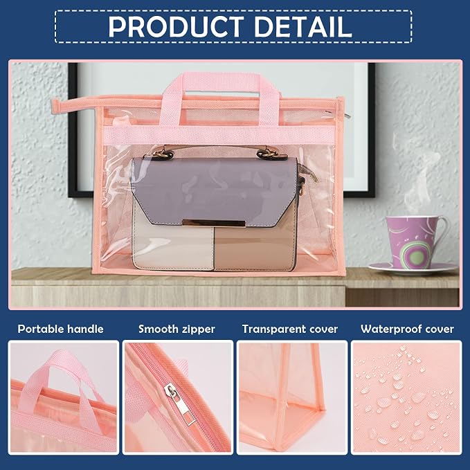 Handbag Dust Bags Clear Purse Storage Organizer for Closet Small to Extra Large Handbags Dust Free Bags Hanging Zipper Storage Bag with Hooks, (Pink, 4 Sizes-4PCS)