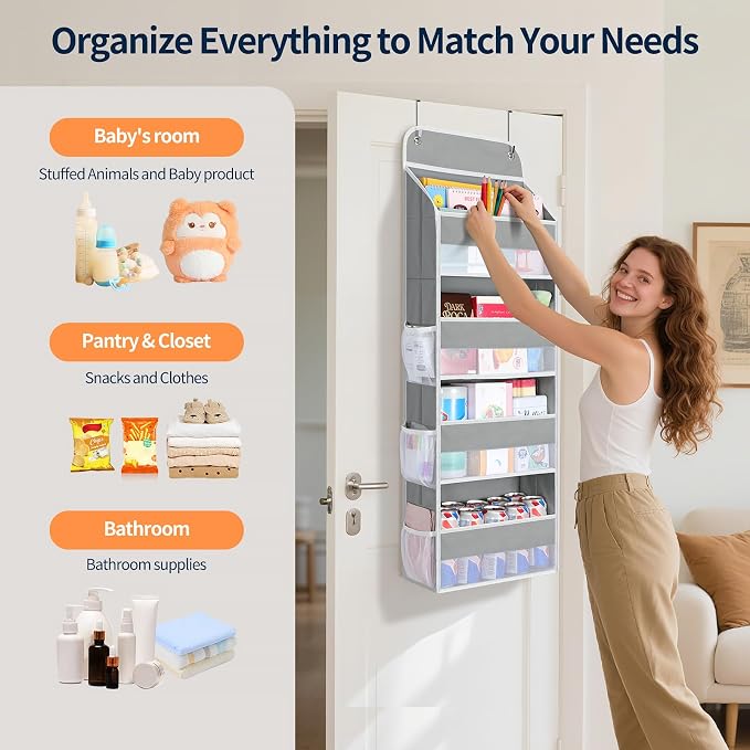 Yecaye Over The Door Organizer, Heavy Duty Hanging Organizers and Storage with 4 Large Capacity Pockets, Swing-Proof Behind The Door Storage for Bathroom Nursery Bedroom Dorm Closet, Grey,1Pc