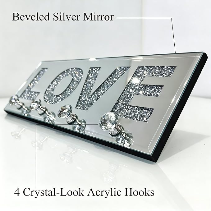 Crushed Diamond LOVE Key Holder, Silver Mirror Wall Decor,11.8" ,4 Hooks | crushed diamond silver mirror with safe beveled edges,4 2-lb capacity acrylic hooks ,shatterproof, for keys/scarves/bags etc.