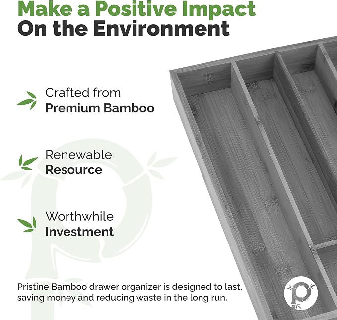 Pristine Bamboo 5-Slot Drawer Organizer - Kitchen and Utensil Organizer - Cutlery Tray - Flatware and Silverware Holder - Gray