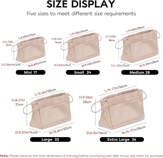 GIVLEFLY Extra Large Purse Organizer Insert, Satin Fabric Handbag Organizer with Multiple Pockets, Drawstring Tote Bag Organizer Insert, Lightweight Bag Insert for Handbags & Tote Bags，Beige