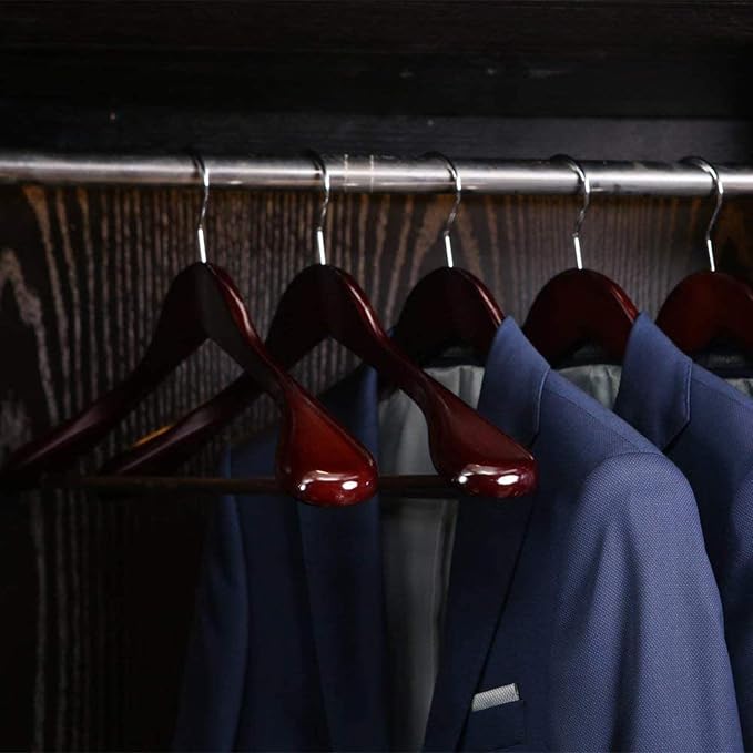JS Hanger Wooden Extra-Wide Shoulder Suit Hangers for Coat and Pants, Walnut Finish, 6-Pack
