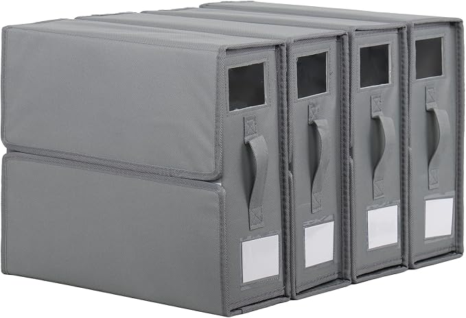 4 Pack Sheet Organizers and Storage Foldable Sheet Organizer for Linen Closet Fabric Container Boxes with Clear Window and Handle for Blanket Comforter Pillow, Grey