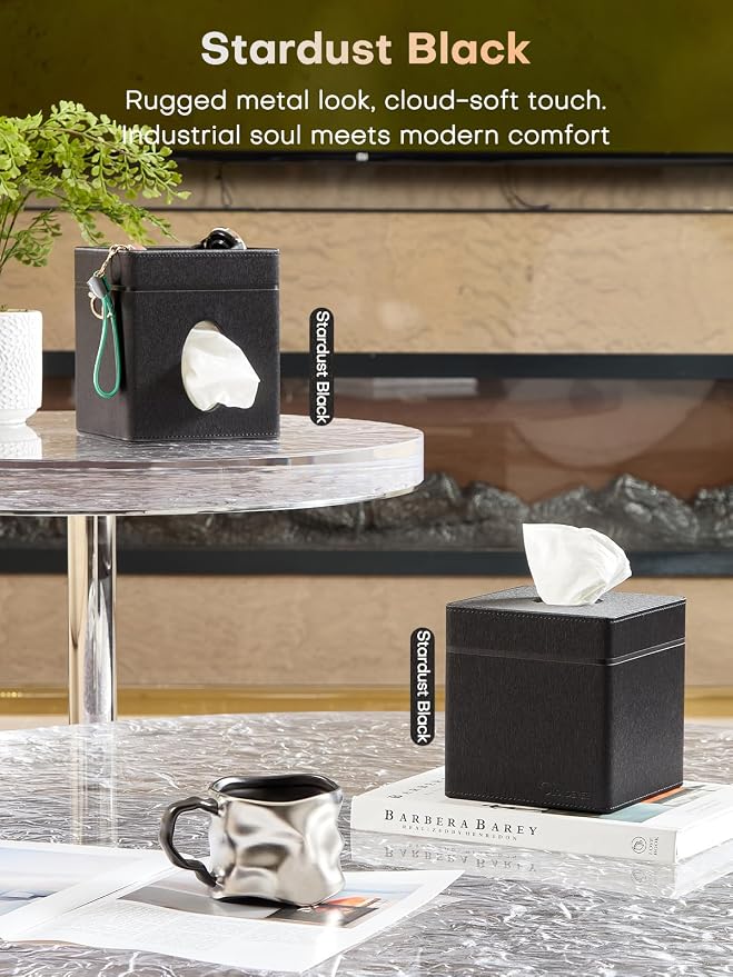 Square Tissue Box Cover Holder with Patented Texture for Kleenex/Puffs Cubes | Desktop & Shelf Decor | Stardust Black/Polar Ice/Liquid Iridium | Patented Metal-Look PU Leather-Stardust Black