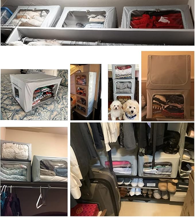 Clothes Storage Box Bins Stackable Foldable Organizer with Metal Frame for Clothing Bedding Shelves,Closet Container with Clear Window Zipper and Label Holder (Gray,Small-40L x3 Pack)