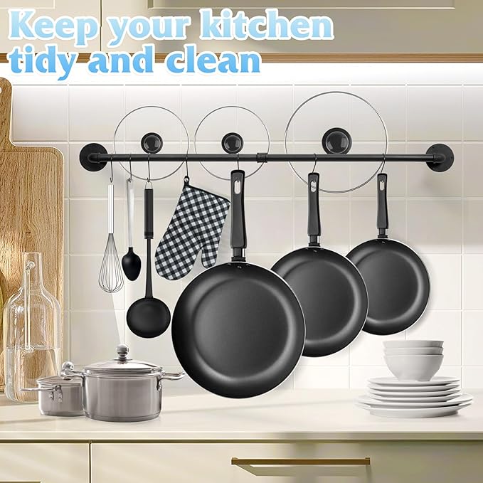 38.5 inch Pot Rack Wall Mounted Detachable Pan Rack Organizer Industrial Pipe Hanging Rail Lids Utensils Hanger Holder for Kitchen with 10 S Hooks, Black…