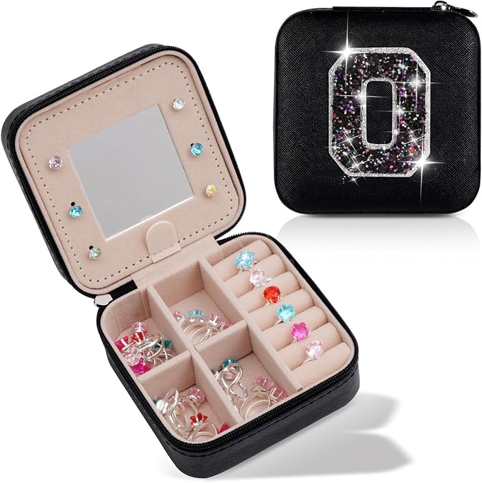 Uygafly Personalized Jewelry Case for Women Girls - Fashion Mini Jewelry Boxes - Trendy Travel Jewelry Organizer with Initials Letter - Teen Gifts | Black,O