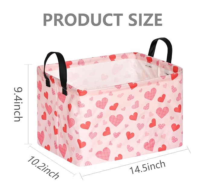 Rectangular Valentines Basket Storage Bin for Shelves Girls Gifts Baskets Foldable Box with Handles for Home Office Car Dormroom Valentine's Day Party Supplies