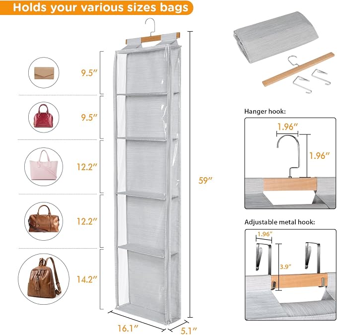 Syeeiex Hanging Handbag Purse Organizer with Zippers, 5 Mesh Shelves,Clear Slubbed Fabric+PVC Hanging Closet Bag Organizer, Dustproof Handbag Closet Tote Storage Bag for Door, Wardrobe, Shelf Rack