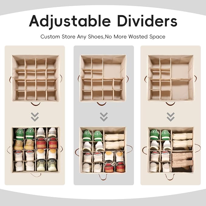 𝐌𝐄𝐂𝐈𝐍𝐅𝐔𝐋 Shoe Storage Organizer 2 Pack, Fabric Stackable Shoe Box with Clear Lid & Adjustable Dividers, Foldable Closet Organizer Fits 16-32 Pairs, Dustproof for Bedroom Entryway