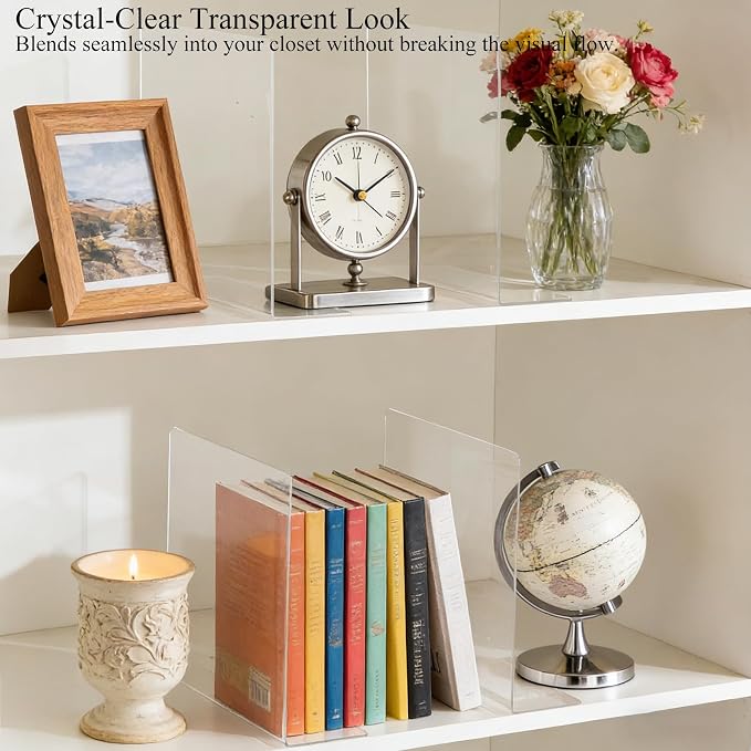 Acrylic Shelf Dividers Closet Organizers for Home Organization Enthusiasts | 12" Tall Sturdy Clear Closet Shelf Dividers for Clothes Purse pantry Separators in Bedroom Kitchen Office Shelf Space Saver