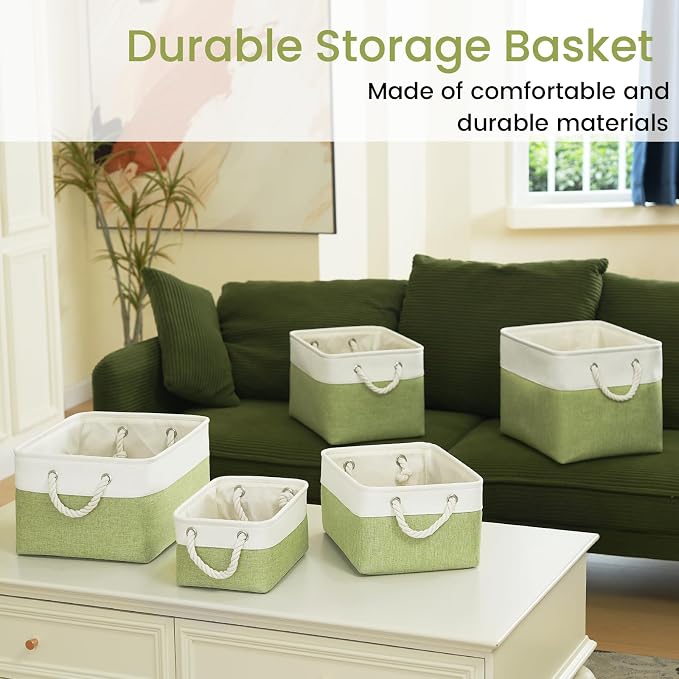 Storage Baskets for Shelves 13.8x9.8x6.7 Inch, Foldable Fabric Storage Bins with Handles, Small Storage Baskets for Organizing Closet, Office, Home Organization (3-Pack, White&Green)