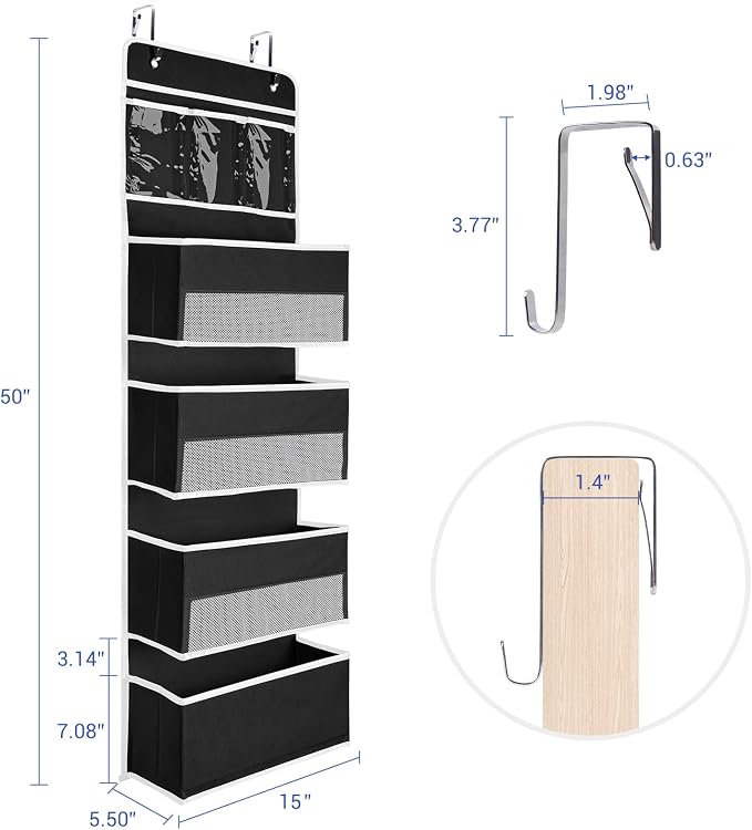 NesTidy 2 Pack Over The Door Organizer Storage, Wall Mount Hanging Organizer with 4 Large Capacity Pocket Organizers and 3 Small Pockets for Baby Essentials, Toys, Cosmetics, and Sundries (Black)
