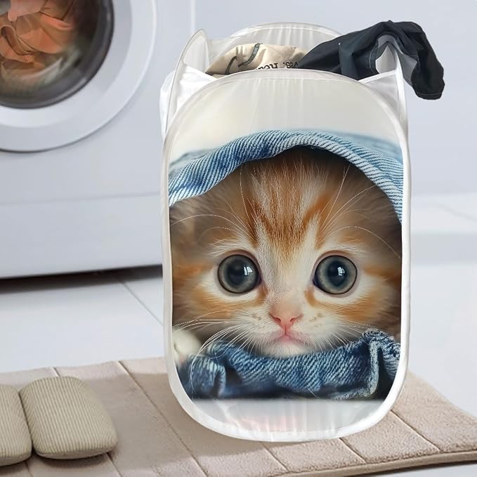 AFPANQZ Cute Cat Mesh Popup Laundry Hampers Foldable Portable Dirty Clothes Basket Organizer Collapsible Hamper for Bedroom, Kids Room, College Dorm and Travel Black Colored 85L