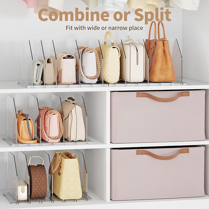 Purse Organizer for Closet, Shelf Divider Adjustable Clear Acrylic Handbag Storage, Bag Storage Separators, Keep Handbag & Books Neat and Upright in Bedroom, Office