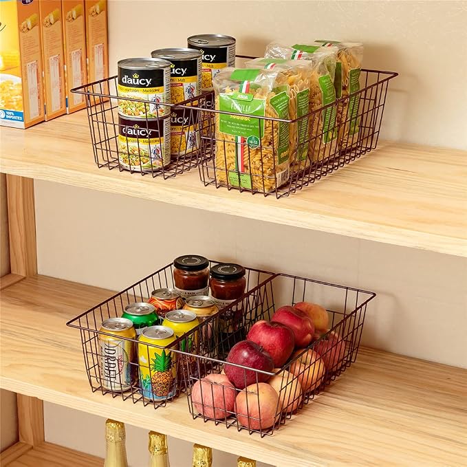 SANNO Freezer Baskets, Wire Storage Baskets Bin Organizer Food,Kitchen, Basket Organizers Bins for Home, Bathroom, Closet Organization, White,Set of 4 Brown