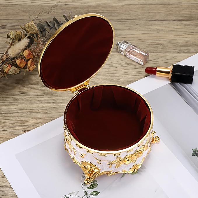 Hipiwe Round Jewery Box Metal Trinket Organizer Decorative Keepsake Box for Trrasure Ring Earring Holder Vintage Jewelry Display Case, Beige, 5.7" L x 5.1" W x 3.5" H