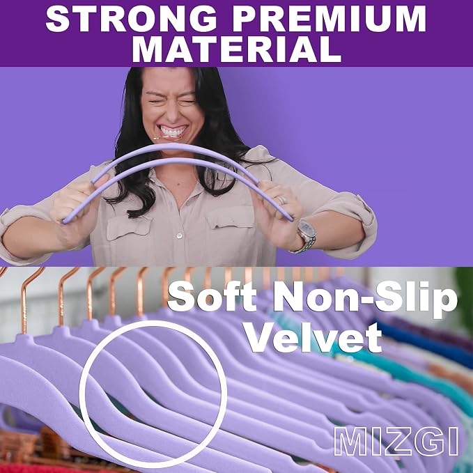 MIZGI Premium Velvet Hangers (60 Pack) Heavy Duty - Non Slip Felt Hangers - Velvet Suit Hangers Light Purple - Rose Gold Hooks,Space Saving Clothes Hangers