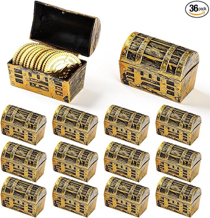 36Pcs Mini pirate treasure chest 2.28 x 1 x 1.57 Inch Plastic toy pirate chest with a Gold finish Vintage pirate small decorative box for Kids prizes Halloween Birthday Party Props
