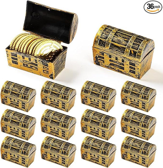 36Pcs Mini pirate treasure chest 2.28 x 1 x 1.57 Inch Plastic toy pirate chest with a Gold finish Vintage pirate small decorative box for Kids prizes Halloween Birthday Party Props