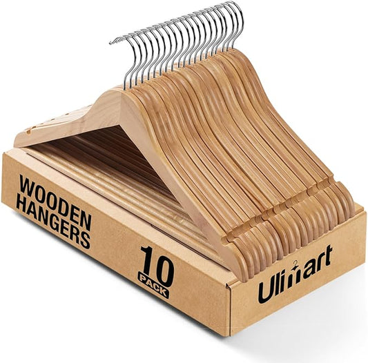 Wooden Hanger 10 Pack,Wood Hanger Solid Shirt Hangers with Pants Bar,Heavy Duty & Slim Coat Hanger,for Suit Coat Jacket Pants（Natural）