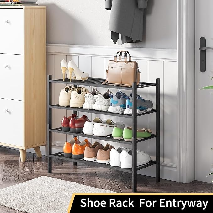 4-Tier Bamboo Shoe Rack for Entryway, Stackable | Heavy Duty | Multi-Function, Free Standing Shoe Racks for Bedroom Hallway Closet（Black）