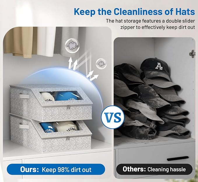AOODA Sturdy Hat Storage for Baseball Caps, Holds up to 24 Caps Clear Hat Organizer for Closet, Bedroom, Wide Hat Box with Cardboard (Grey)