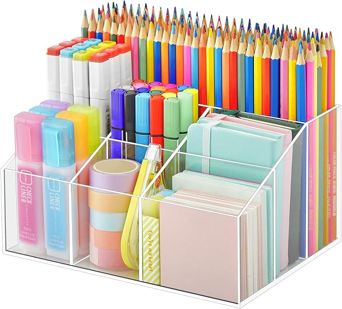VITVITI Acrylic Pen Holder, Clear Desk Organizer, Pen Organizer for Desk, 7 Compartments Pencil Holder, Desktop Stationery Organizer for Office Storage/School/Home/Art Supplies