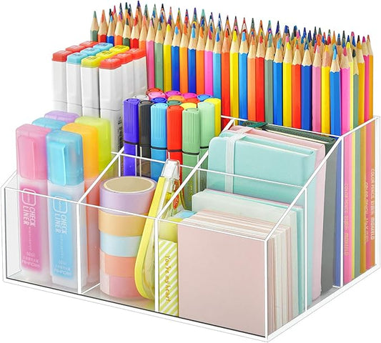 VITVITI Acrylic Pen Holder, Clear Desk Organizer, Pen Organizer for Desk, 7 Compartments Pencil Holder, Desktop Stationery Organizer for Office Storage/School/Home/Art Supplies