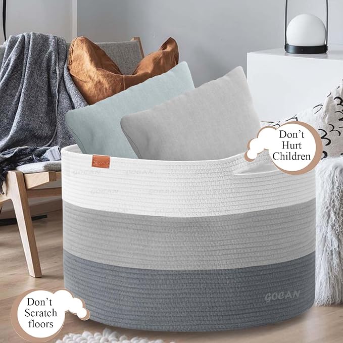 GOCAN Laundry Basket Cotton Rope Woven for Blankets Storage Basket with Handles for Living Room (Mixed Grey)