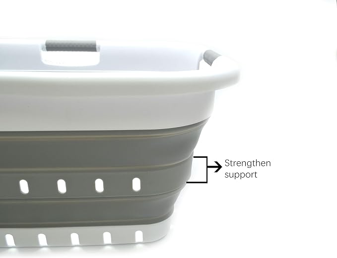 SAMMART 41L (10.8 gallon) Collapsible 3 Handled Plastic Laundry Basket - Foldable Pop Up Storage Container/Organizer - Portable Washing Tub - Space Saving (3 handled rectangular, White/Grey)