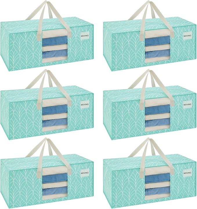 VENO 6 Pack Heavy Duty Moving Bags, Packing Bags with Clear Window, Alternative to Moving Boxes, Storage Bins for Clothes, Blankets, Comforters, College Dorm Essentials (Evergreen, 6 Pack)