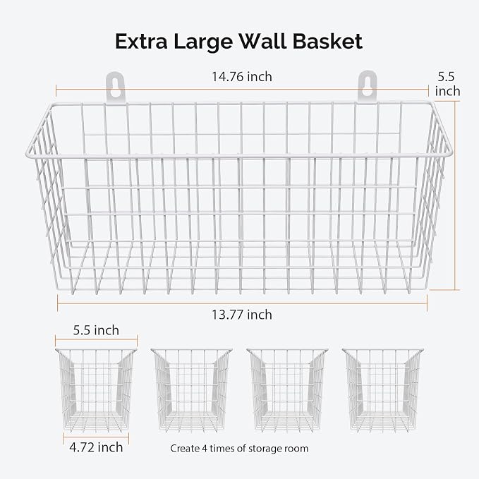 MaraFansie Wire Basket 4-Pack [Extra Large] Hanging Wall Organizer Cabinet Storage Basket Wall Mounted Shelves Rustic Farmhouse Decor for Home Kitchen Bathroom, White