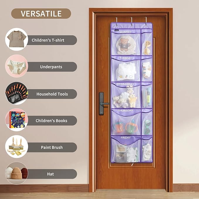 Weekly Clothes Organizer for Kids, Monday to Friday Hanging Closet Organizer, 5-Shelf Large Capacity School Storage with Side Pockets, Purple (Quantity 2)