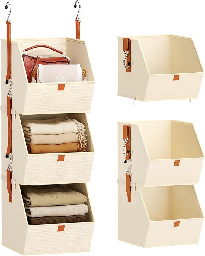 Homsorout Collapsible Hanging Closet Organizer - 3 Tier Closet Shelves Storage System with Hooks, Fabric Hanging Storage Bins for Clothes, Foldable Storage Basket for Laundry, Bedroom, Rv, Beige
