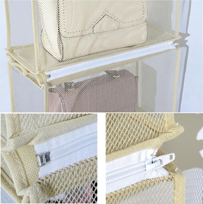 Detachable 4 Compartment Pouch Hanging Handbag Organizer Clear Purse Bag Storage Holder Wardrobe Closet Space Saving Organizers System for Living Room Bedroom(Pack of 2 Beige)