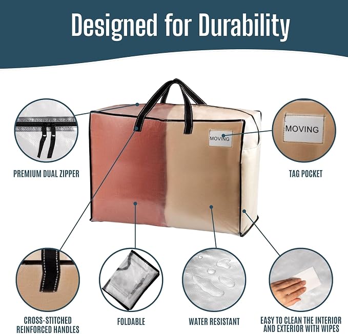 VENO 4 Pack Heavy Duty Moving Bags, Storage Bags, Packing Supplies, Top Zipper, Storage Totes for Camping, Clothes, Bedding, Comforters, Pillows (27 Gallon Clear, 4 Pack)